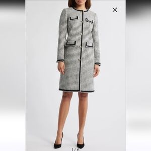 Anne Klein Classic Tweed Longline Coat with Contrast Trim - Black & White